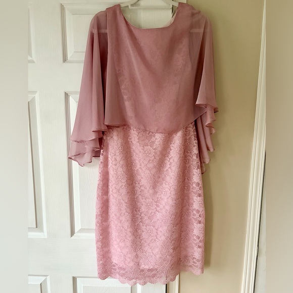 Laura Dresses & Skirts - Laura Midi Dress Soft Pink Lace Floral Overlay Scalloped Bottom Chiffon Cape 12